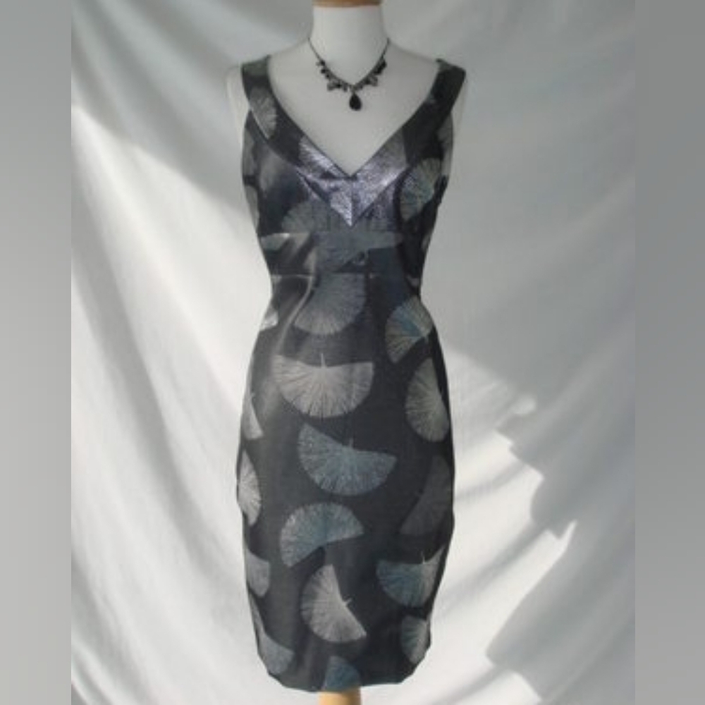 Karen Millen Fitted Silver Fan Pattern Kimono Inspired Midi Dress